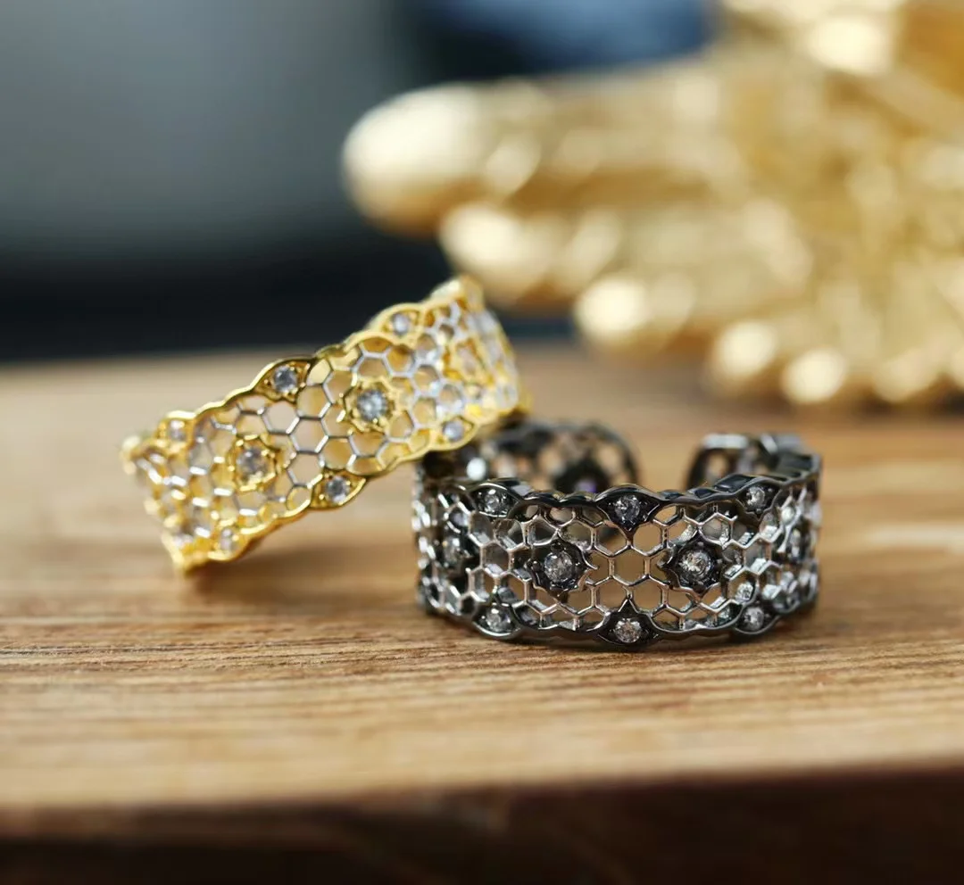 

Итальянские ювелирные изделия унисекс, серебро 925, черное золото, сотовые тюлевые кольца для женщин и мужчин, двухцветные кружевные свадебные украшения
