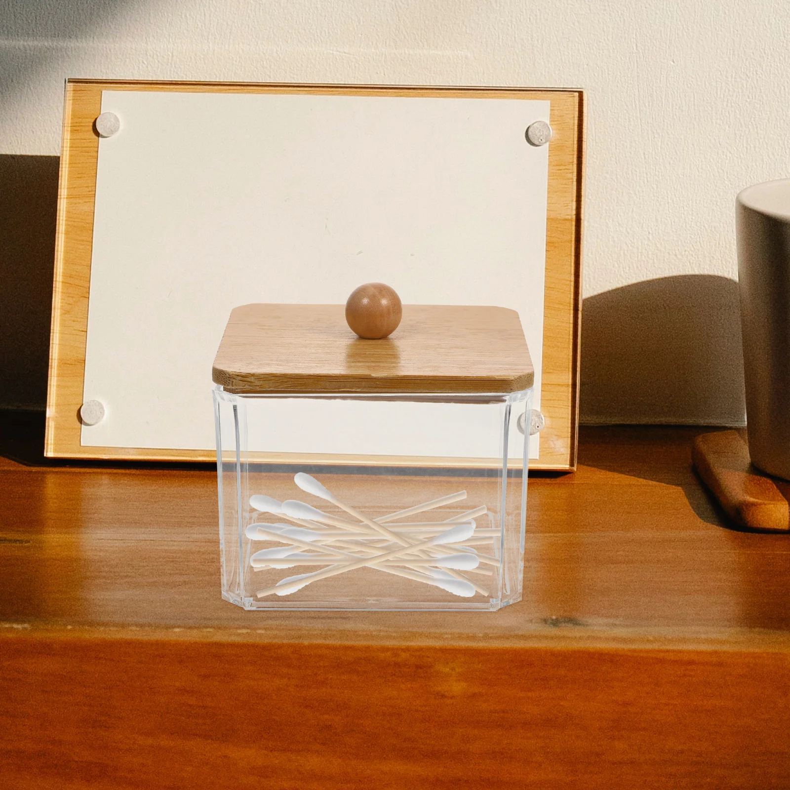 

Cotton Swabs Holder Plastic Organizer Large Storage Box with Wooden Lid Makeup Vanity Organizer Cotton Pad Box Clear Container