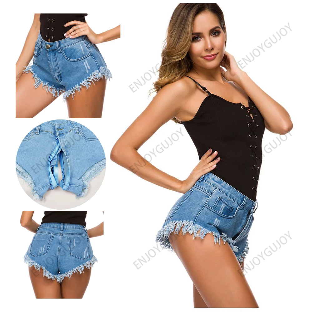 Invisible Open Crotch Pants for Women, Sexy Denim Shorts, Outdoor Sex Boyfriend Jeans, High Waisted, Nightclub Clothing