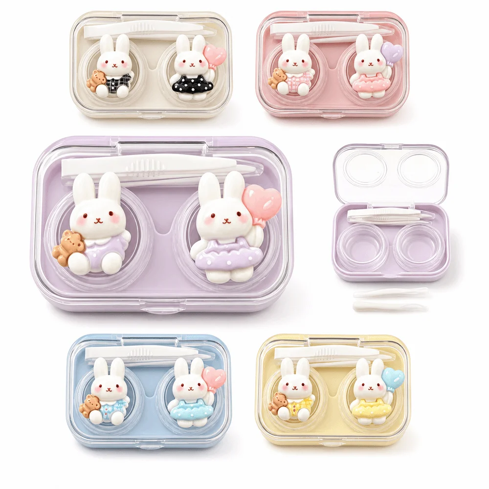 Cartoon Bunny Contact Lens Case Wearing Tool Included Portable Mini Storage Box Double Compartment Cosmetic Lenses Container