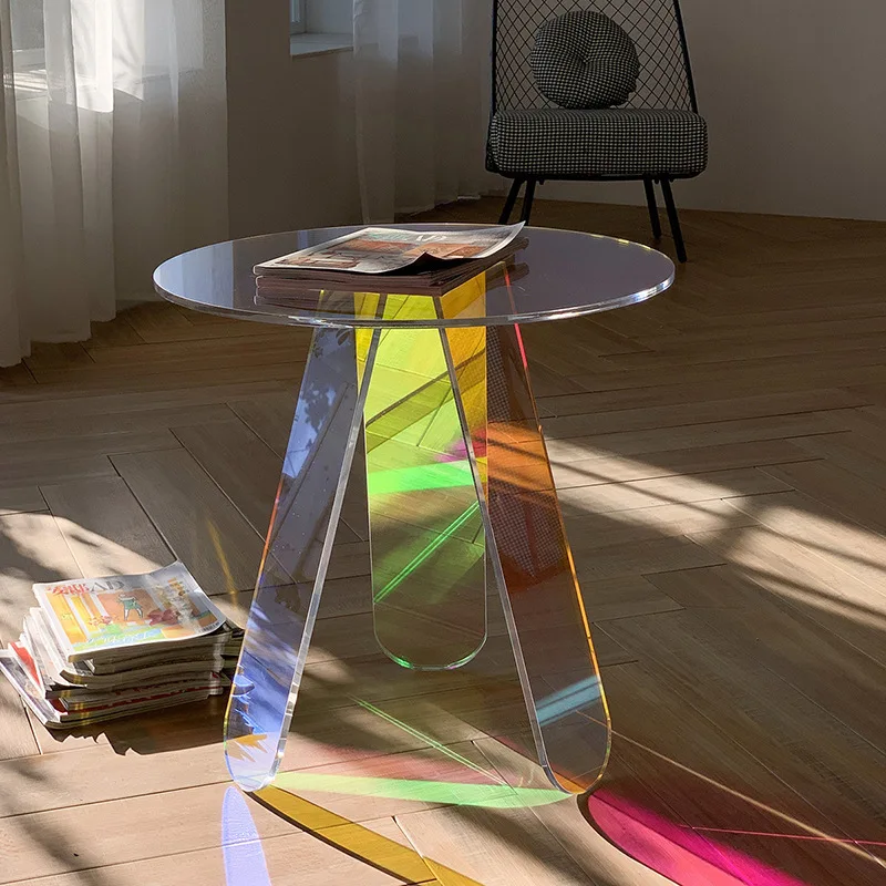 Nordic Light Luxury Acrylic Rainbow Color Coffee Table Iridescent Balcony Table Round Side Table Accent Table for Living Room