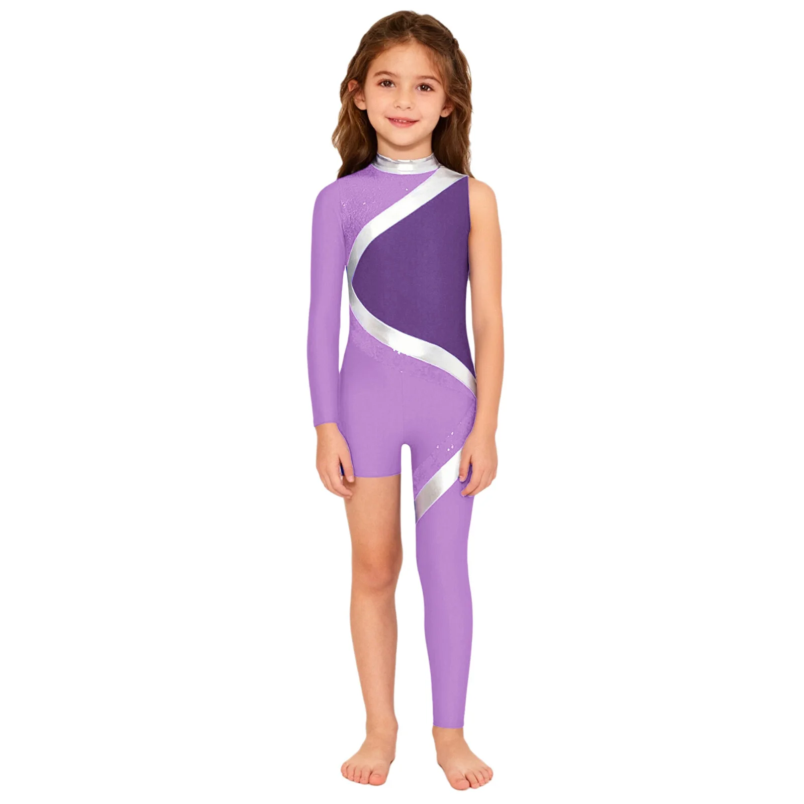 

Children Girls Gymnastics Dance Jumpsuit Asymmetrical Mock Neck Shiny Sequins Bodysuit for Ballet Latin Dance Stage Performance