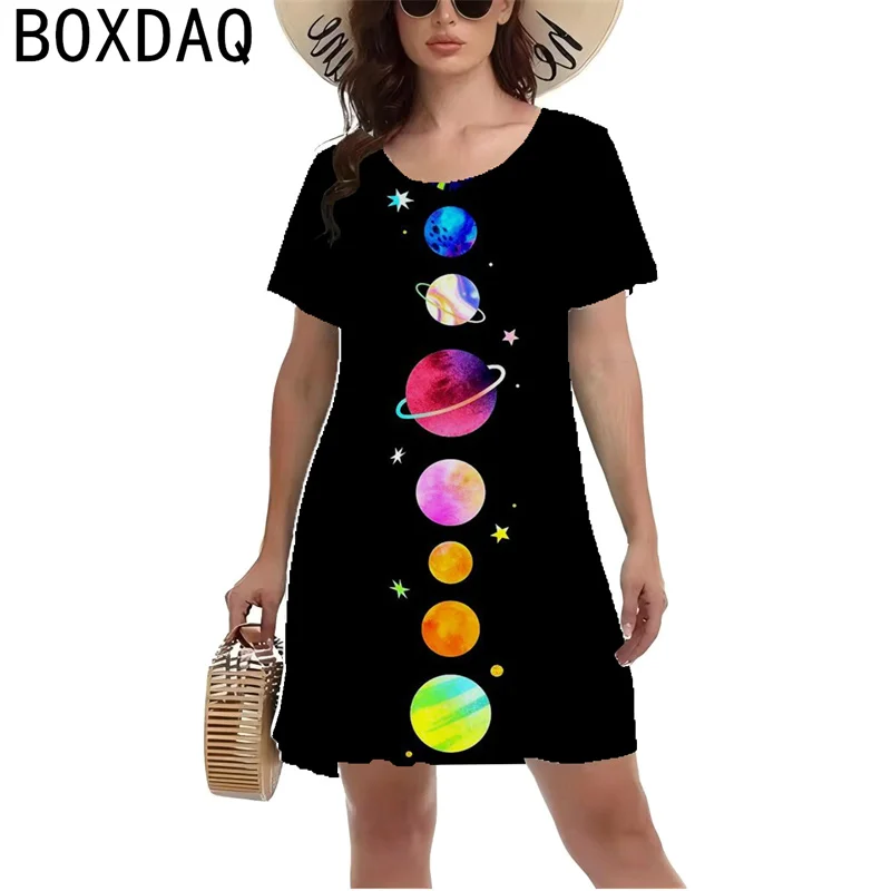 Fashion High Quality 3D Colorful Starry Sky Pattern Print Dress Big Size Women Casual Short Sleeve O-Neck A-Lien Dress Vestidos