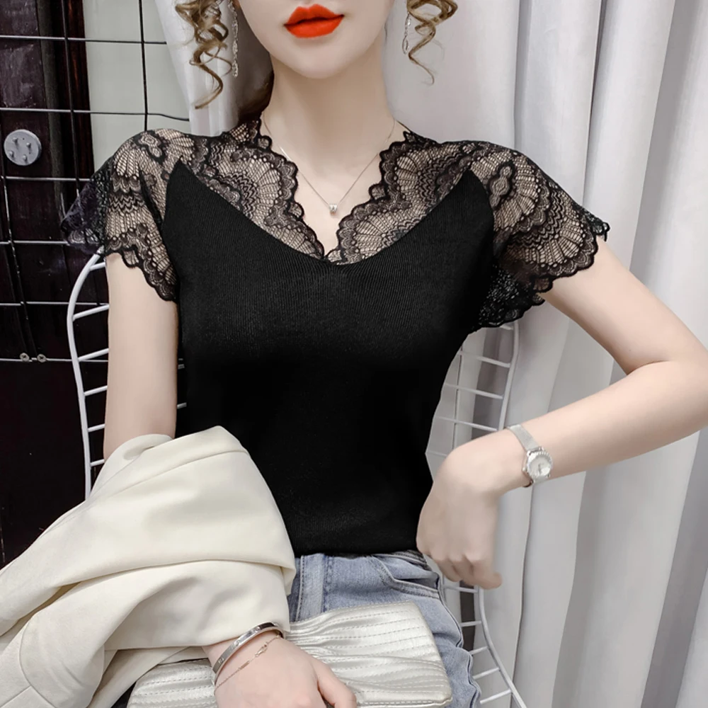 Floral Lace Panel Elastic T shirt Women Lace Sleeve Vest Cheaper Blouse Fashion Ladies Blouses Tops Black White Pink Female Tee