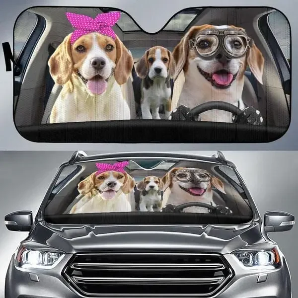 Beagle Driving Headband and Eyeglasses Dog Family Summer Car Sunshade, Beagle Car Window Sun Cover, Car Windshield Durable Visor