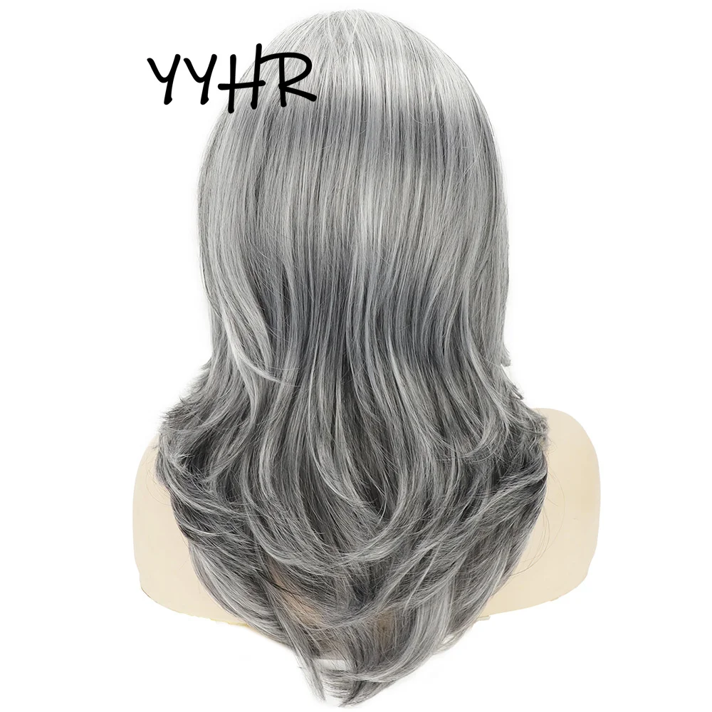 Synthetic Ombre Grey Hair Wig  Medium  Length Women's  Gray High-Quality  Adjustable  Free Hairline  Wig