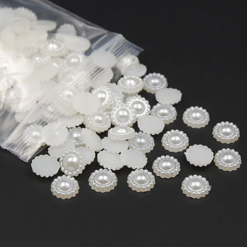 300 Pcs Imitation Pearls for Wedding Cards Embellishments, ABS Resin Beads, Half Round Flower, DIY Decoration, Ivory and White