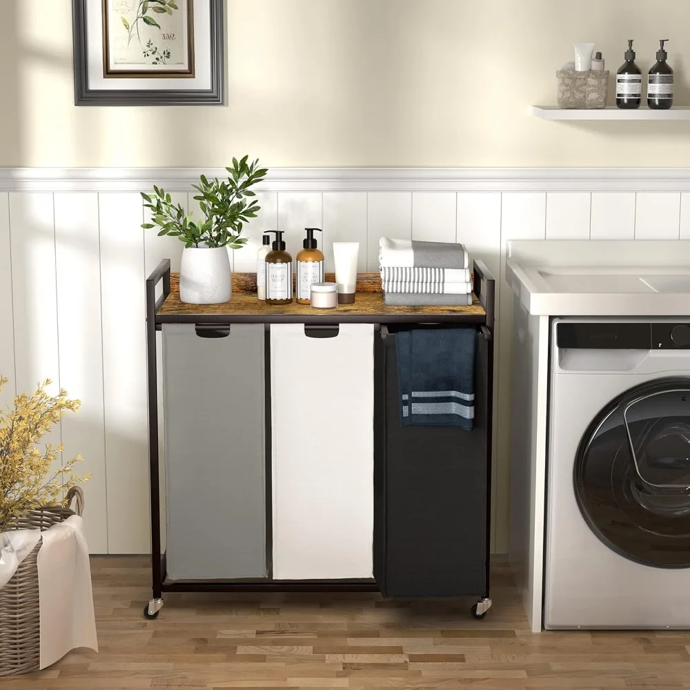 

Laundry Hampers with Shelf, Basket 3 Section, Sorter Pull-Out Removable Large Color Bags and Movable Wheels, Metal Frame