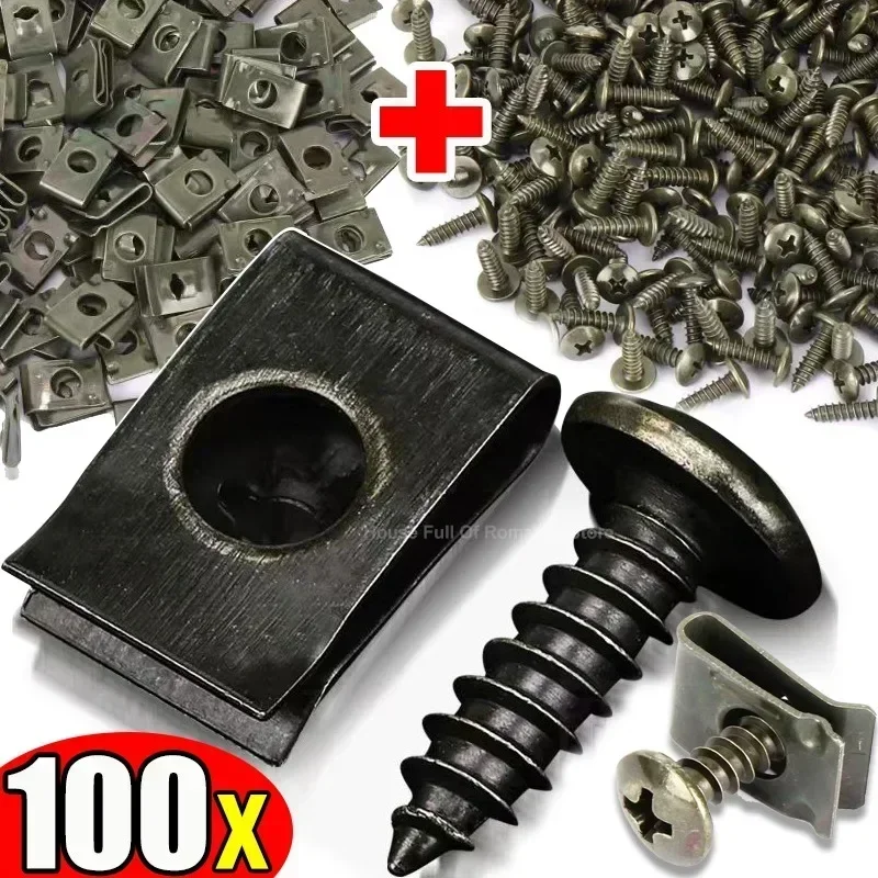 100set Mixed Set Fasteners Clip with Screw Car Metal Screw Clips Anti-rust Fender Bumper Protection U-Type Buckle Iron Sheet