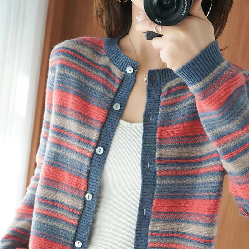 Women's Knitted round Ne Open Cardigan Single Stripe Outerwear Sweater Casual Comfortable Loose Fit Long Sve Regular Length