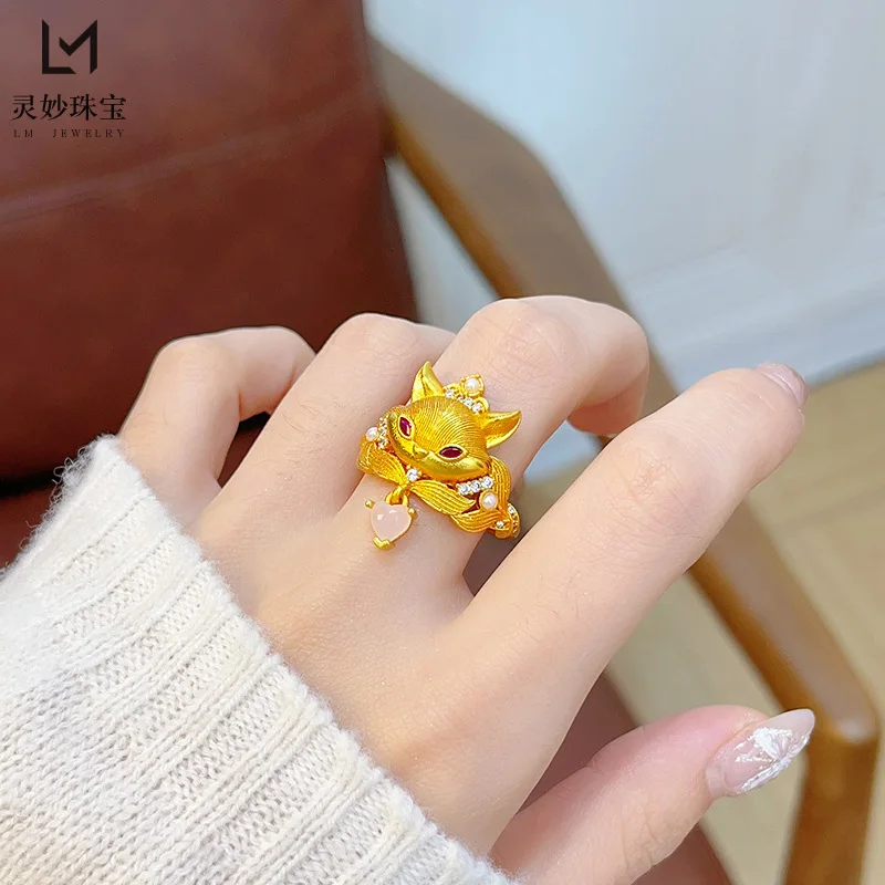 

9999 24K real gold luxury jewelry point diamond rashsu Daji spirit fox ring love Yaoyao little fox ring give girlfriend gift