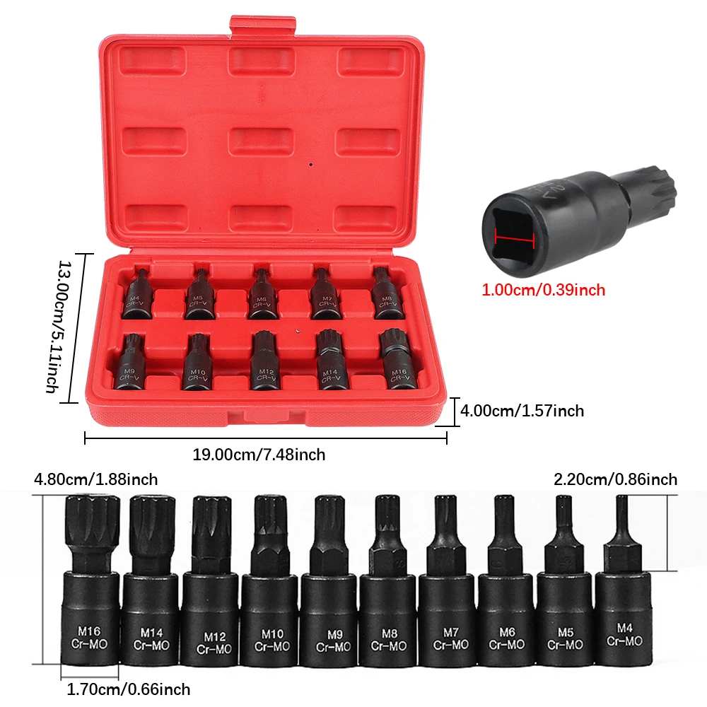 3/8 Inch Drive 10pcs 12 Point Torx Bit Socket Set Socket Wrench Tool Premium Cr-Mo Steel M4-M16 for Car Auto Accessories