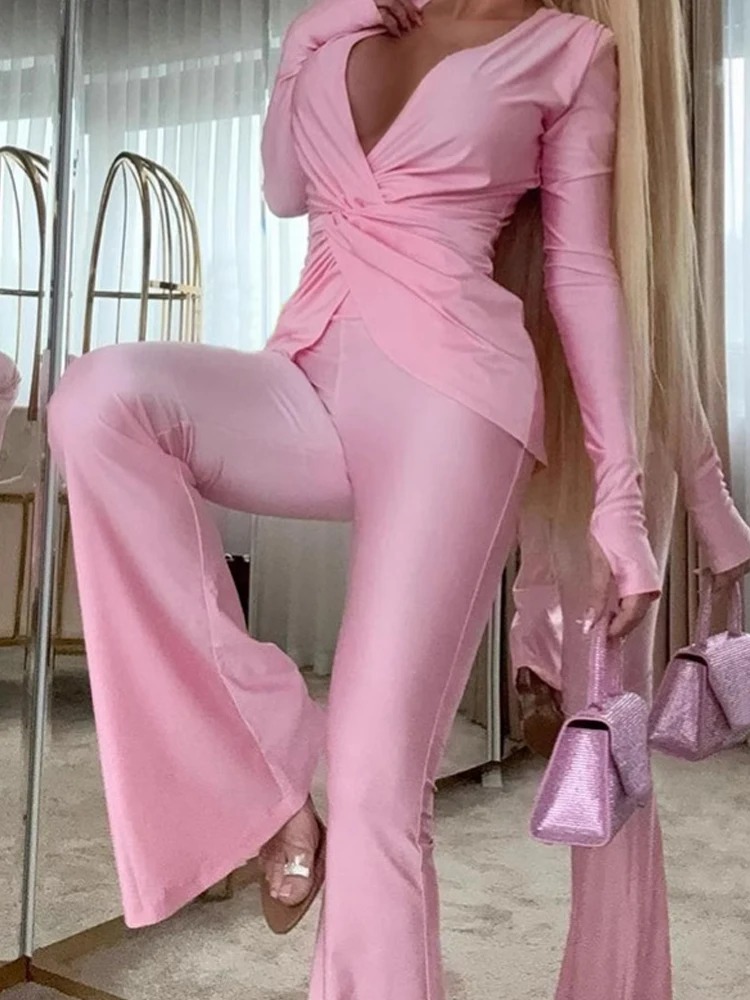 

Casual Long Sleeve Slim Fit Women's Outfits Fashion Twist Hight Waist Solid 2Pc Sets Elegant V-neck Pullover Top with Pant Suit