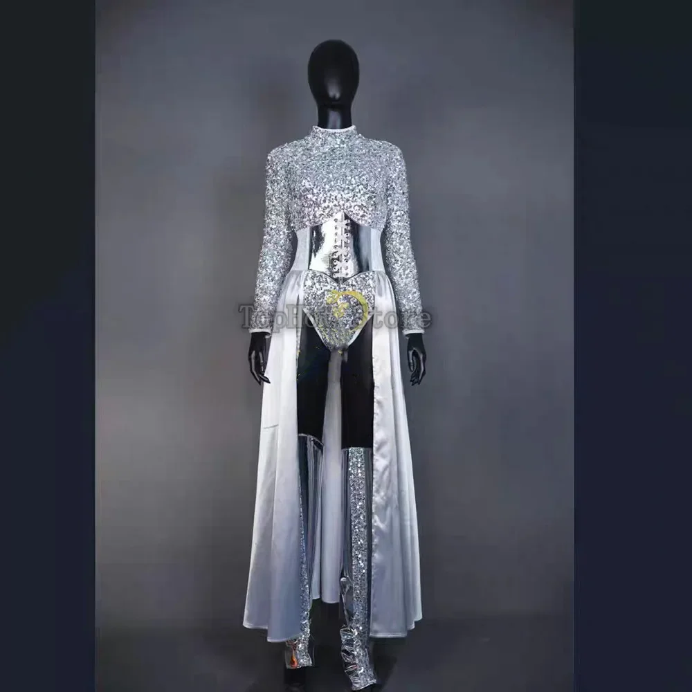 여성 스팽글 바디 슈트 파티 바 나이트 클럽 실버 공연 의상 가수 팀 무대 착용 스커트 레이저 다리 커버 댄스 복장