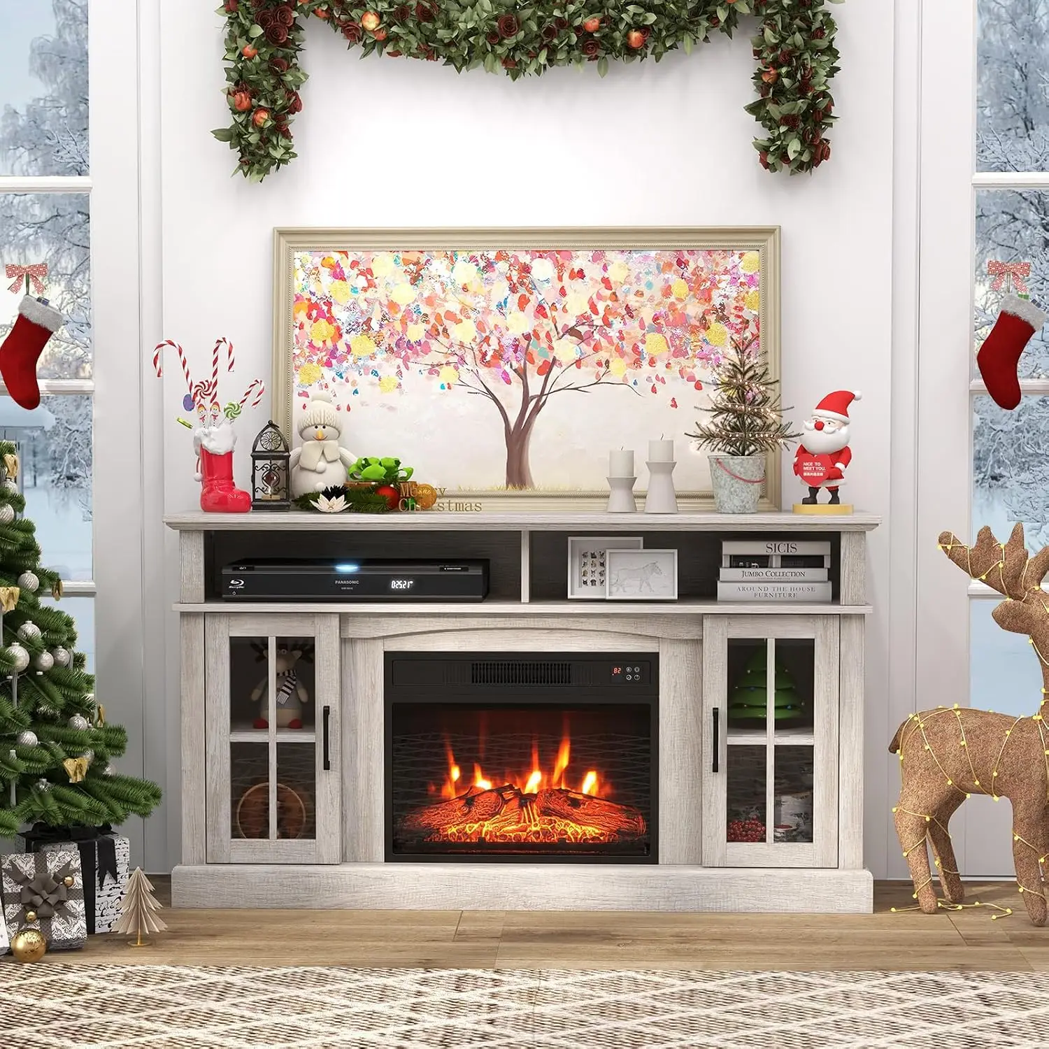 Electric Fireplace TV Stand 65'' TV, Media Center W/23'' Fireplace, 3-Level Flame, Remote & Storage, Living Room, Customized