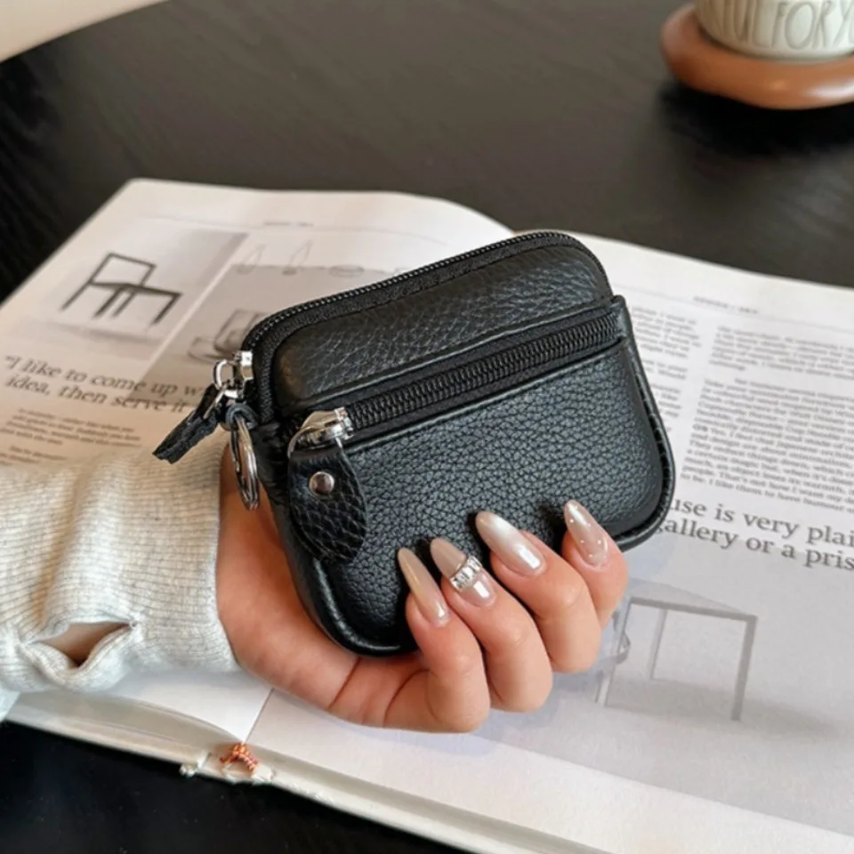 Genuine Cowhide Leather 2 Zipper Coin Purse Wallet Coin Organizer, Change Holder,Card Case, Leather Zipper Storage Bag for Women