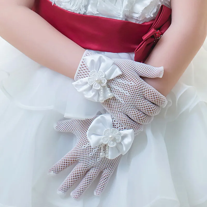 1Pair Girls Princess Dress Mesh Bow Lace Pearl Ornament Gloves Party Supplies Kids Birthday Ceremony Coronation Accessories Gift