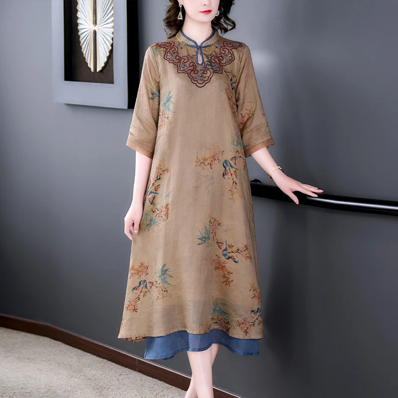 2023 Autumn New Women\'s Silk Cotton Hemp Short Sleeve Dress Flower Embroidered Long Slim Dress Loose Size Knee Length Robe