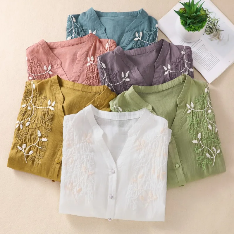 Embroidery Women\'s Shirts Summer New Chinese Style Blouses Cotton Linen V-neck Ladies Clothing 2023 Solid Loose Tops