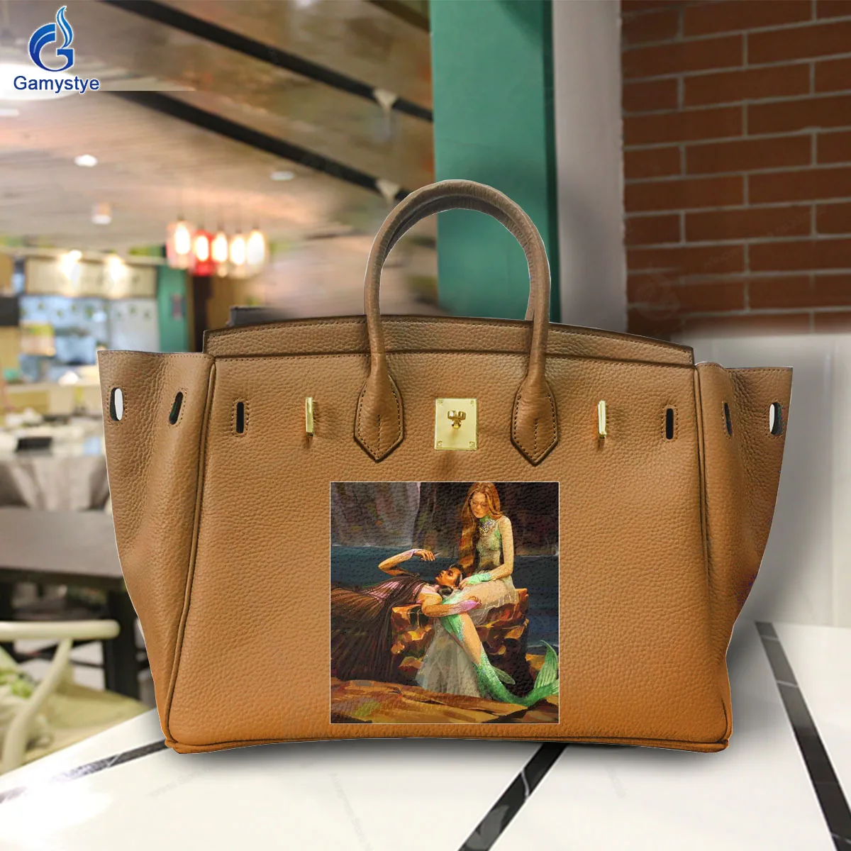 Art Print Two beautiful ladies Customize Totes Female designer handbags high quality Messenger Shoulder Bag Real Cowskin Leather