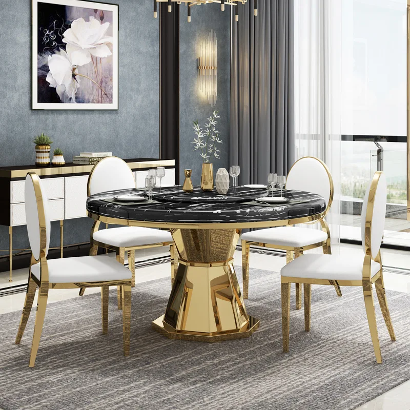 Luxury Gold Metal frame round marble top marble turntable dinner table for dining room furniture