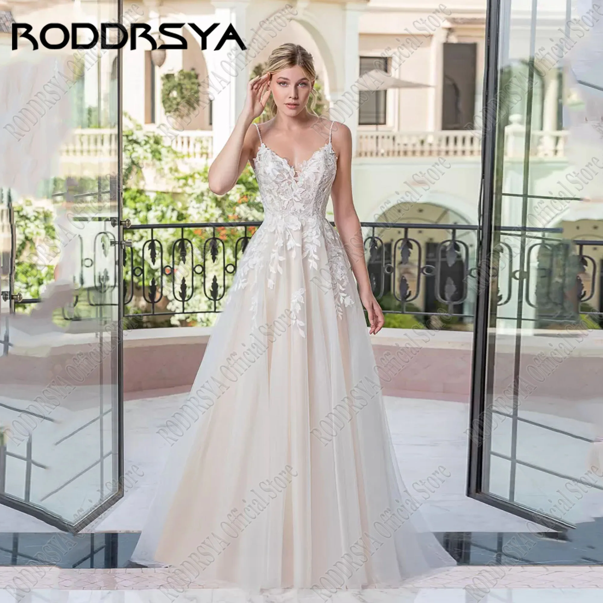 RODDRSYA-Vestidos De novia acampanados con encaje, traje De novia con escote en V, Espalda descubierta, tirantes finos, 2024Vestido de novia con encaje a de roddsya 2024 novia sin calcomanías en V cuello vestido de nov