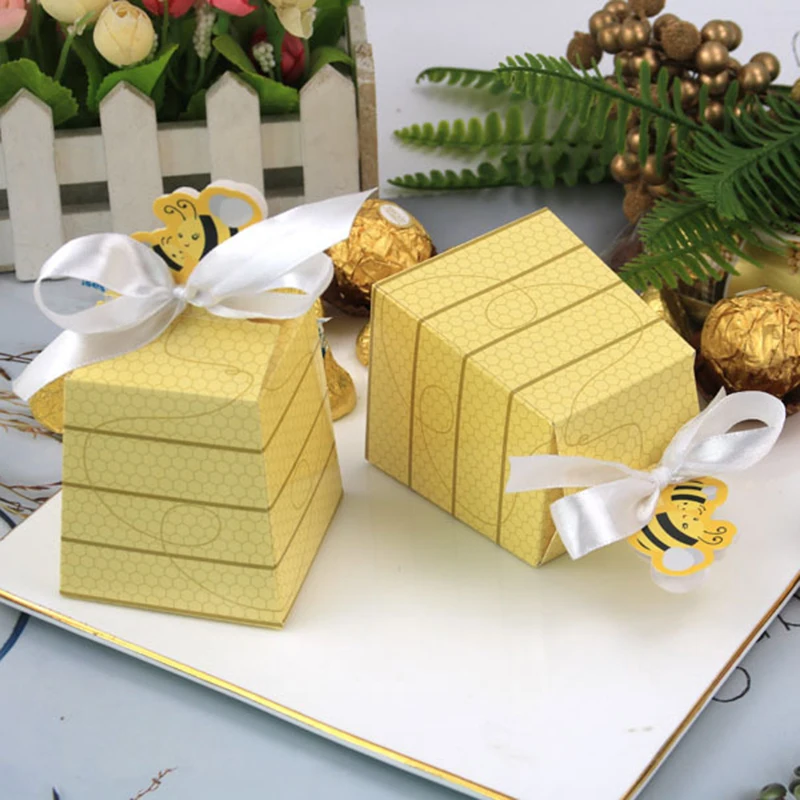 10Pcs Creative Trapezoidal Bee Paper Candy Box with Bumblebee Theme Birthday Festival Party Gift Packaging Supplies