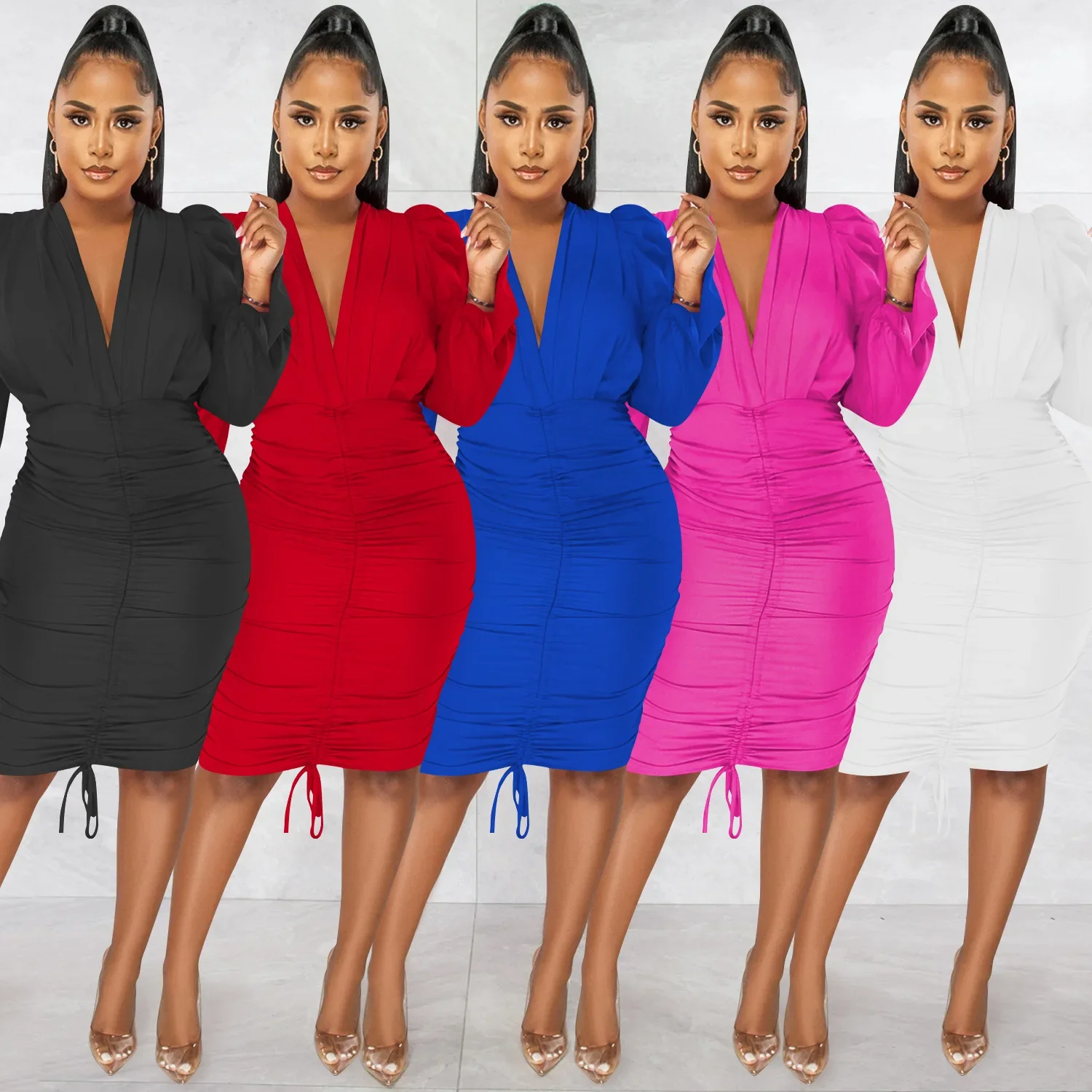 

2025 Spring and Summer Woman Casual Solid Color Pleated V-neck Dress Pleated Long Lace Up Party Dresses Plus Size 3XS-3XL