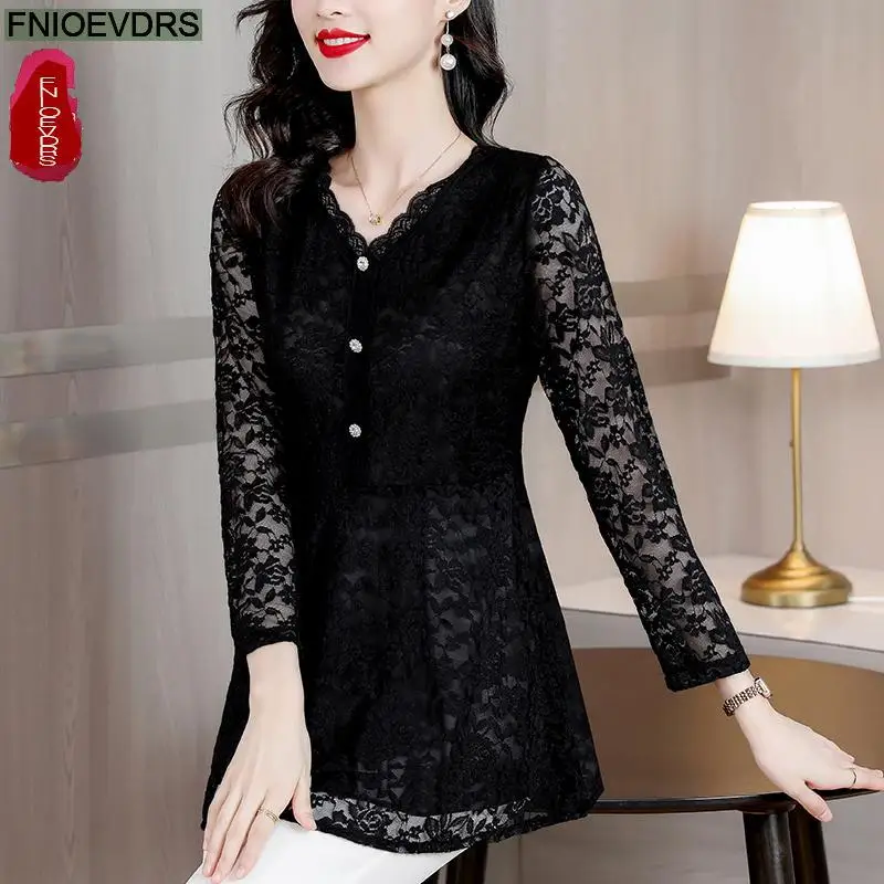 M-5XL 2023 Women Winter Spring Basic Black Lace Shirts Elegant Office Lady Loose Casual Ruffles Tunic Peplum Tops And Blouses