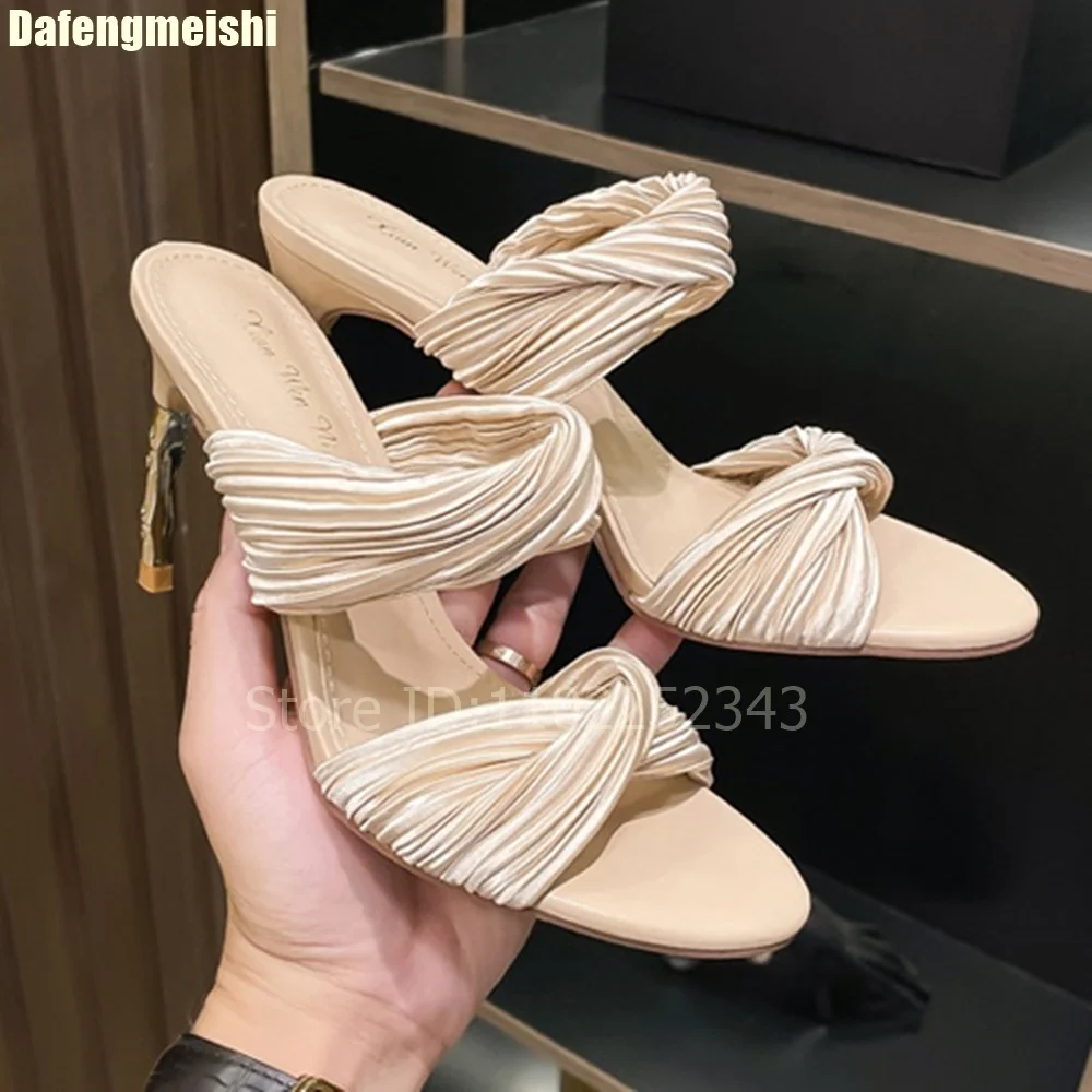 2025 Spring New Metal Heel Satin Sandals French 8Cm Stiletto High Heels Sexy Strap Slippers Fashion Casual Women's Shoes