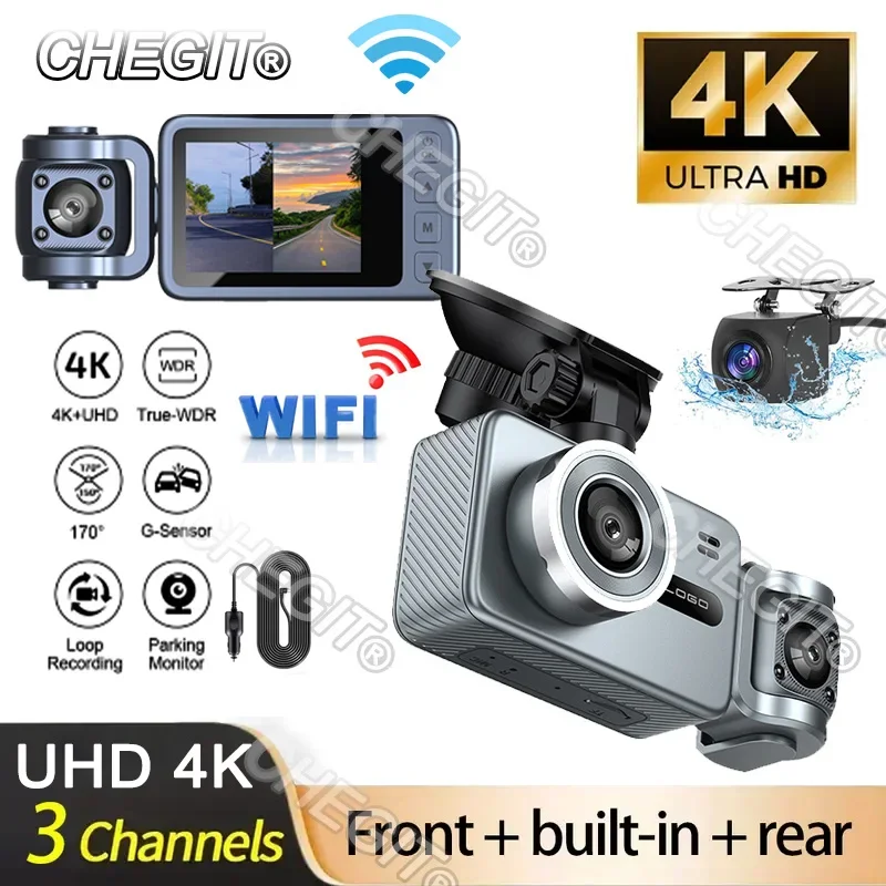 

4K Car Dvr 2/3Channels Video Recorder Wifi Front inside Rear View Camera DashCam for Cars Camera 24H Parking Monitor Black Box