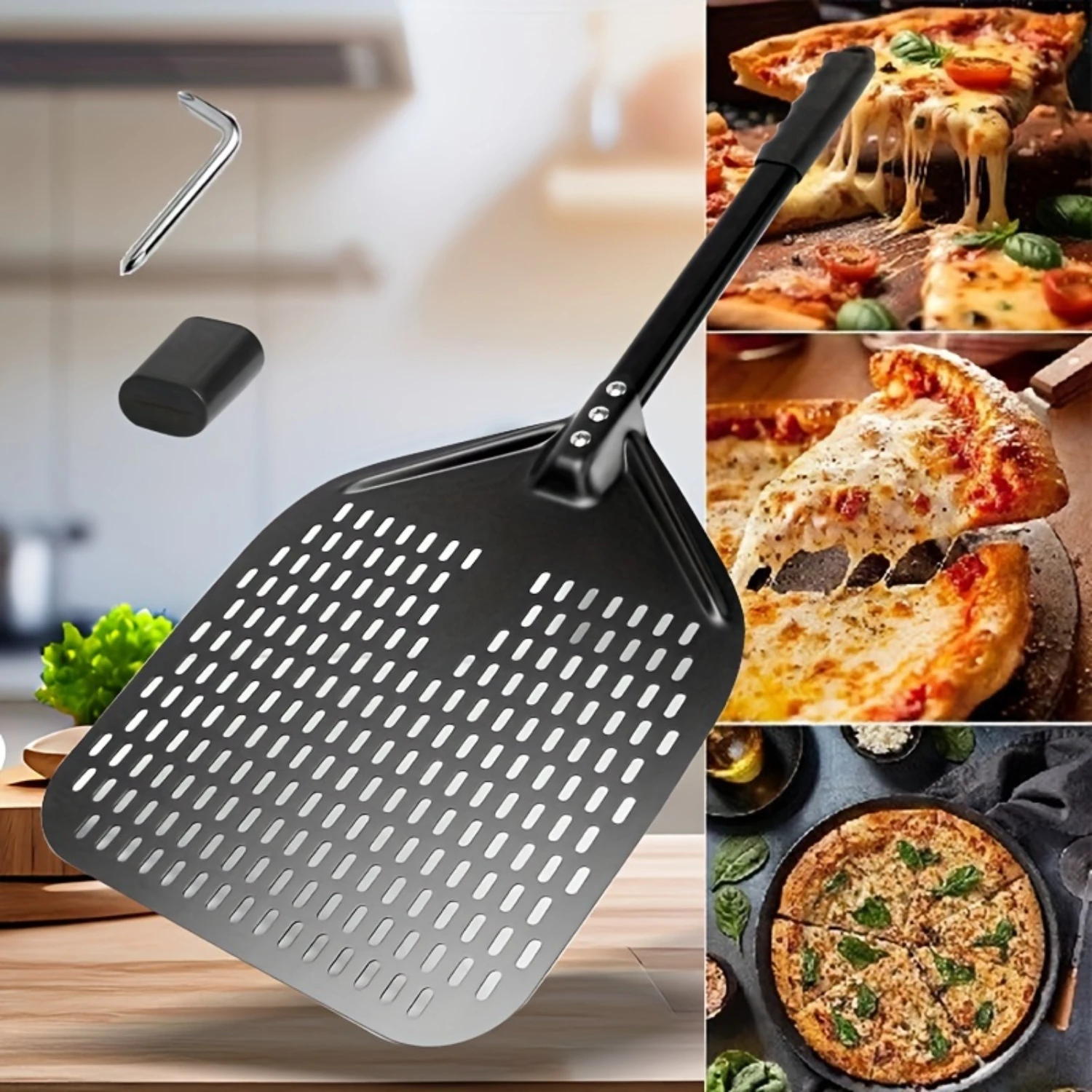 

Aluminum Perforated Pizza Peel | Non-Slip Handle, Pizza Spatula | Durable Baking Tool, Lightweight Shovel | Easy-to-Clean, Utens