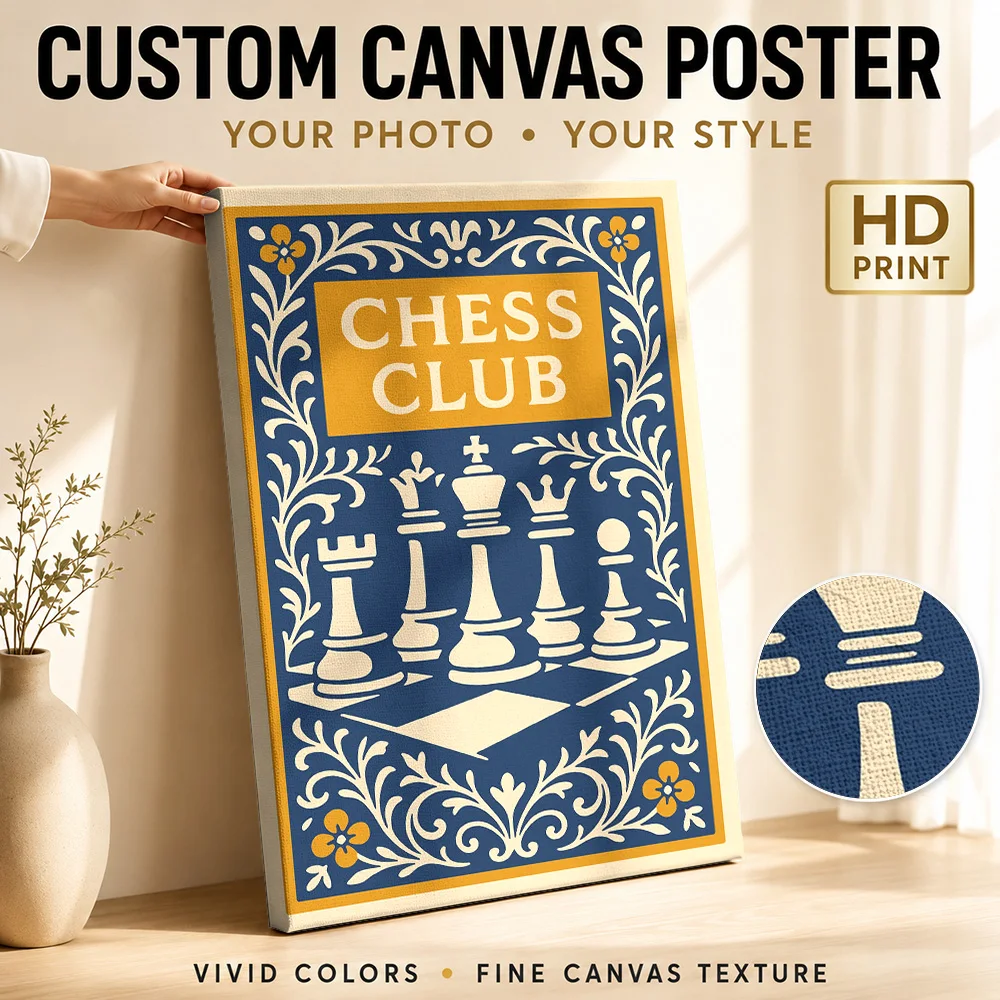 Chess Club Vintage Framed Canvas Poster Custom Photo Sports Portrait Wall Art for Bedroom Decor Collectible Ready to Hang Gift