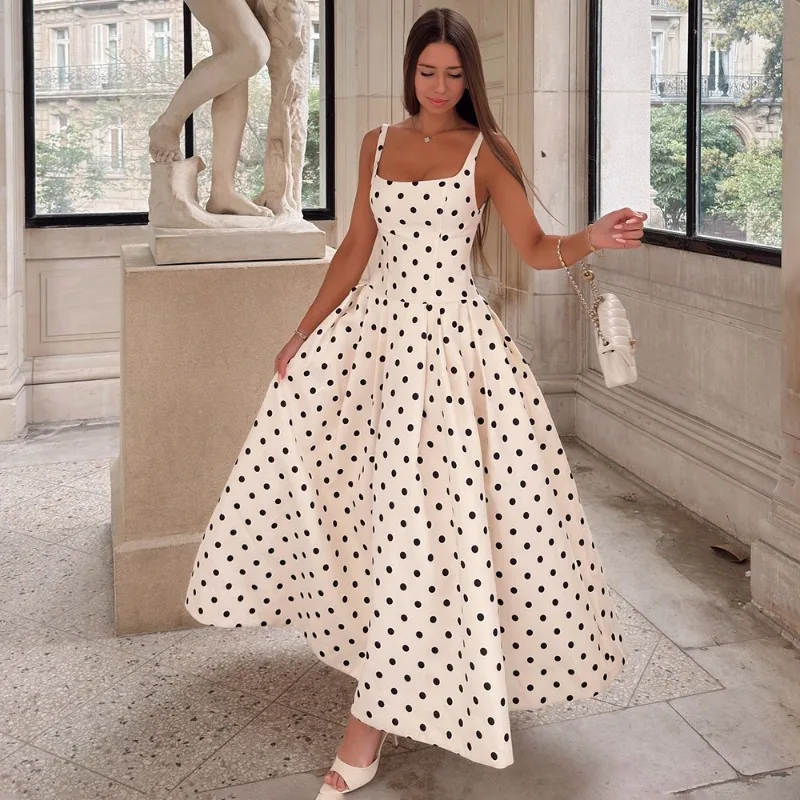Talenza White Polka Dot Dress Women's Fashion Contrast Backless Elegant Dress Summer New High Waist Women's Party Evening Dress view 3