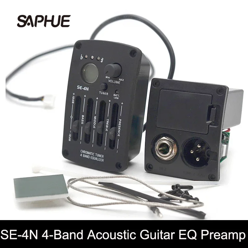 Acoustic Guitar Preamp with Round Digital Procedding Tuner, Equalizer, Guitar Pickup, Rubber Oil, Black, SE-4N, 4 Band EQ