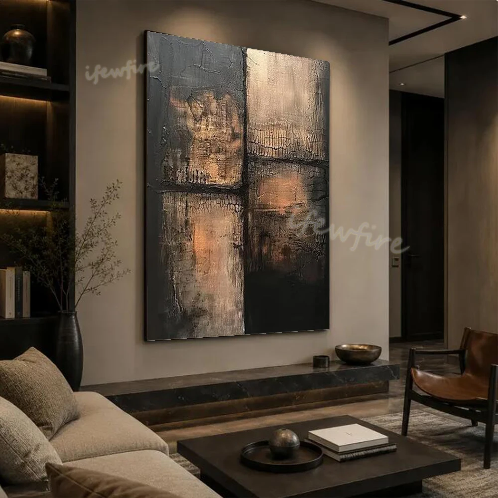 Hand Drawing Modern Abstract Oil Painting Handmade Retro Black Gold Texture Wall Art Picture On Canvas Image Decor Living Room