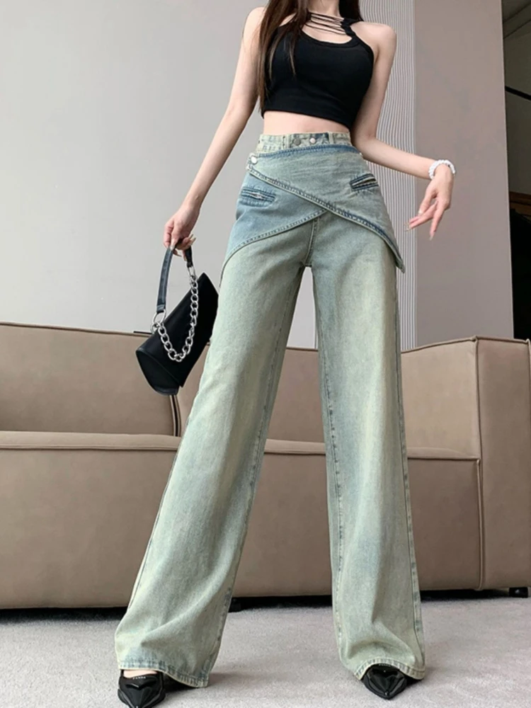 

Women's Baggy Jeans Vintage American Retro Distressed Wash Straight Wide Leg Pants Irregular Layered Look Streetwear