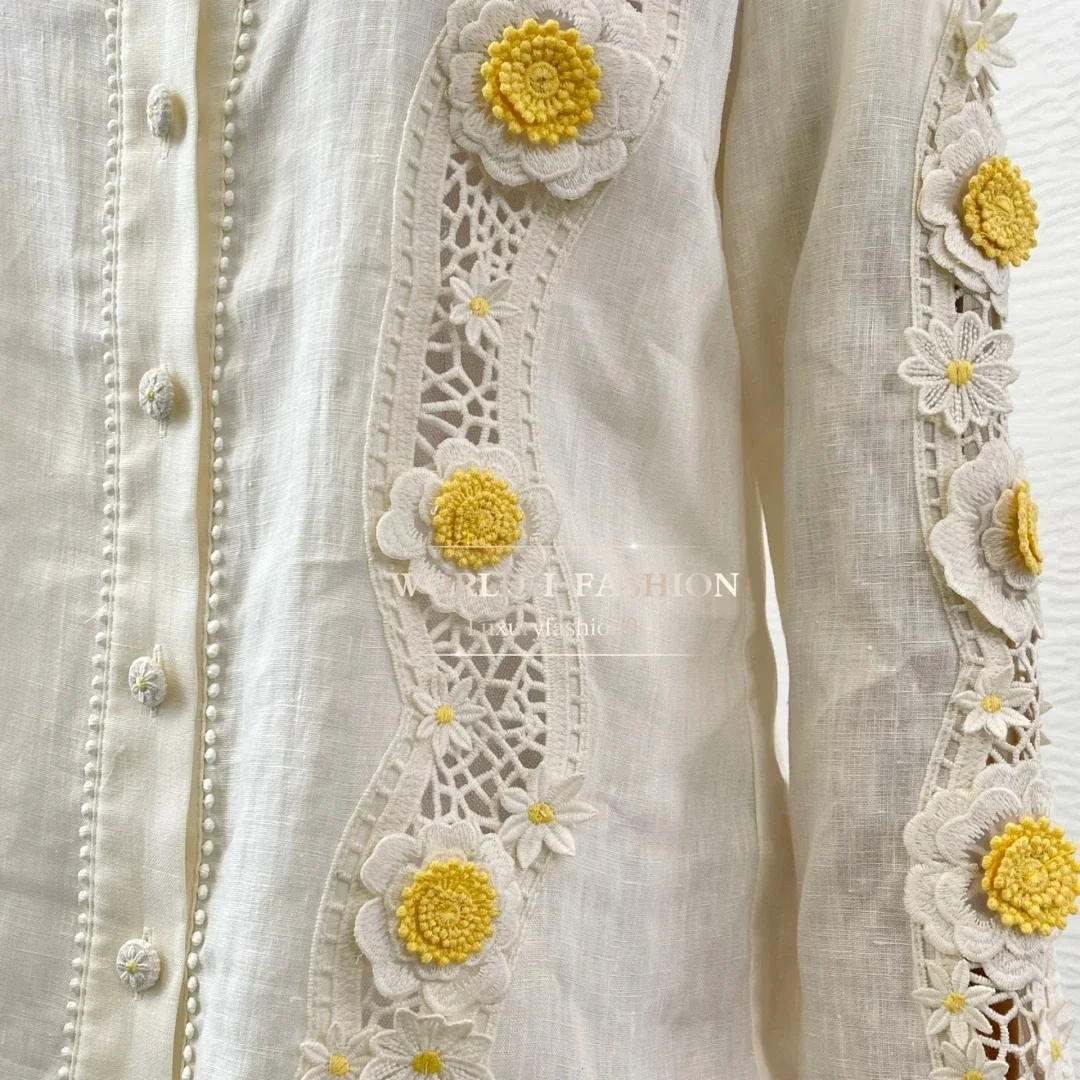 

High Quality 2025 White Embroidery Patchwork Long Sleeve Blouse Tops and Shorts Set