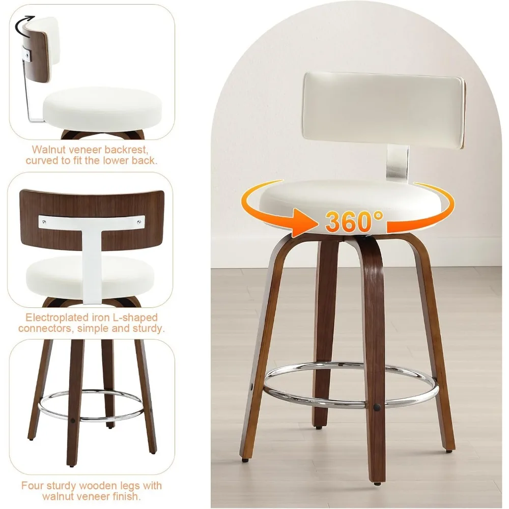 Café Chairs with Back and Round Seat, PU Leather Upholstered  Island Stools for  Counter, Walnut Bentwood Legs,Café Chairs