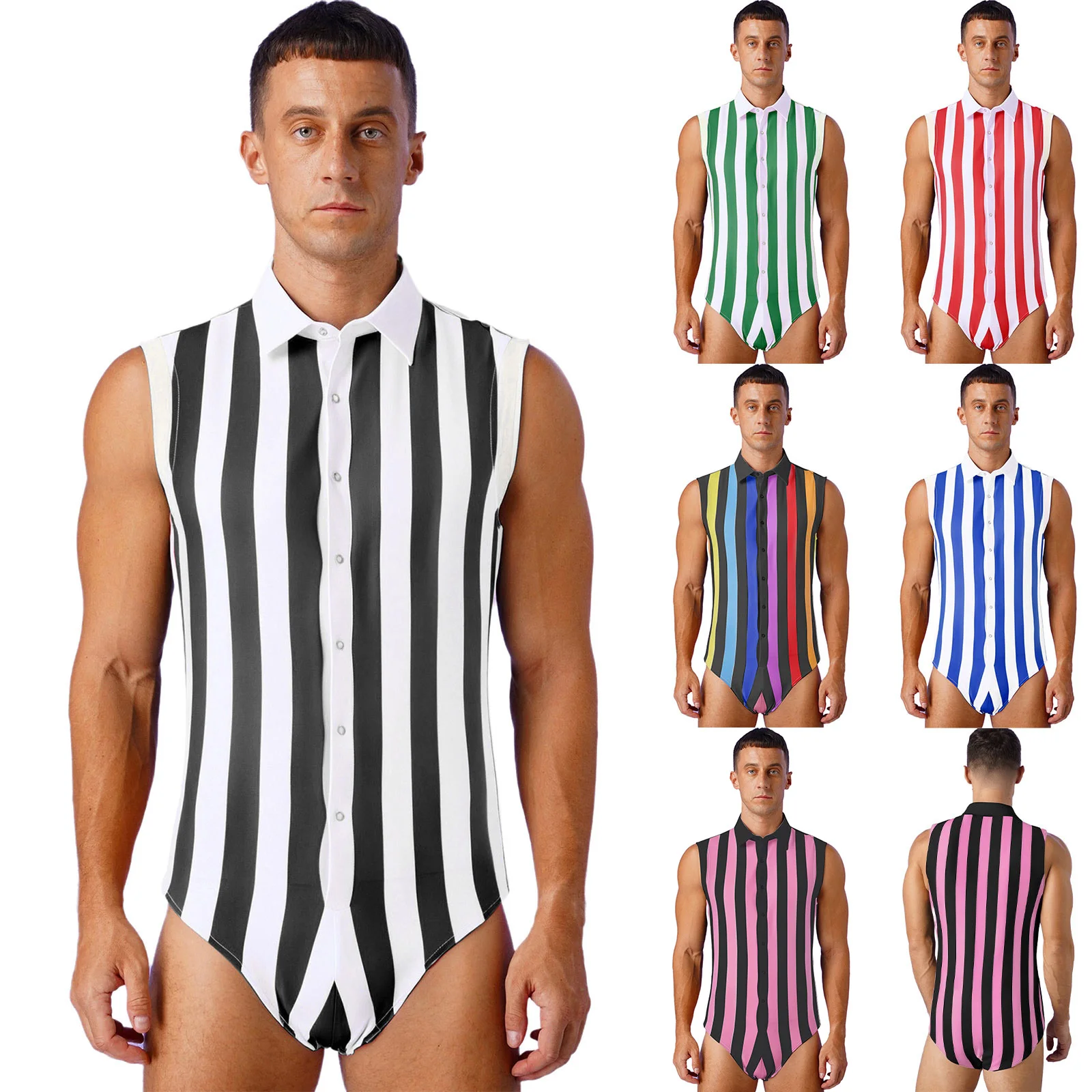 Men's Rainbow Striped Bodysuit Party Club Dance Sleeveless Short Romper Workout Wrestling Singlet Fitness High Cut Jumpsuit