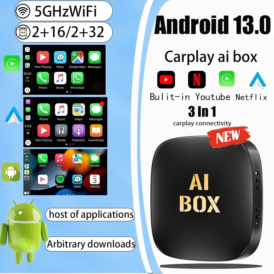 

2024 Новый Ai Box 2 + 32 ГБ Android13 ТВ-приставка Поддержка Netflix YouTube Apple Wireless Carply Android Auto Для kia aodi Volvo ford coche