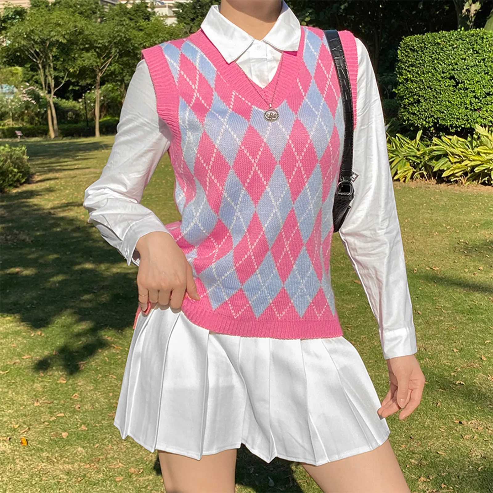 الخامس الرقبة فضفاضة كلية نمط محبوك سترة الماس شبكة سترة صوف من دون أكمام السيدات سترة أنيقة تحمل شعار لعبة البيسبول المرأة محبوك هوديي #1