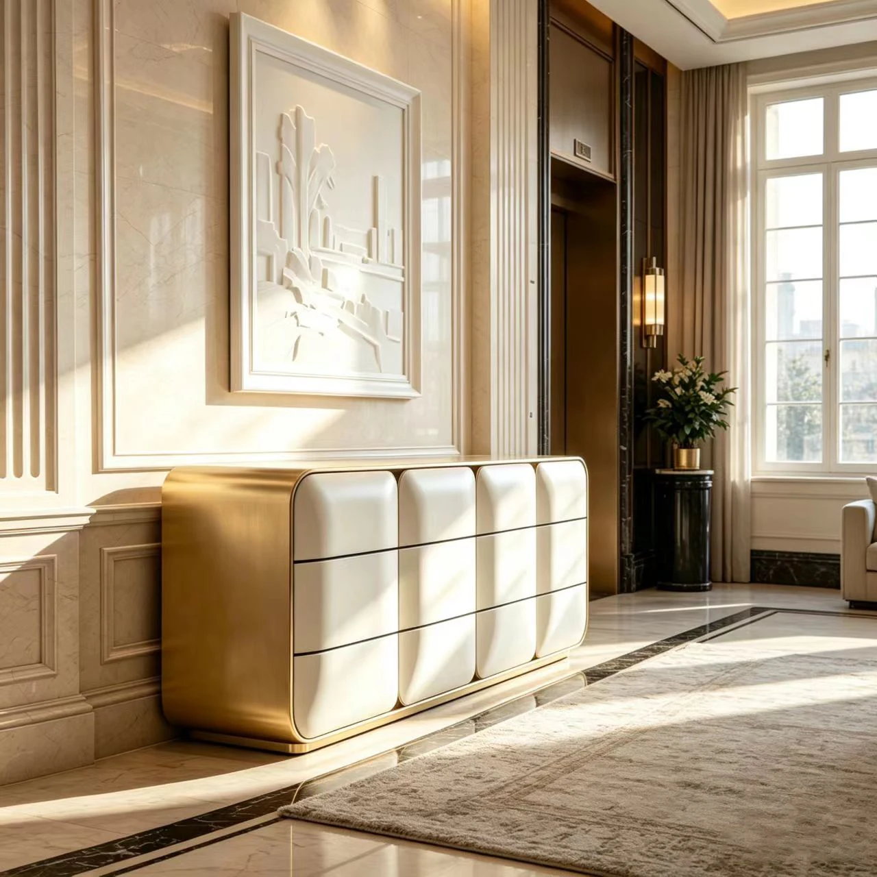 N*-Brushed Gold Frame Fiberglass Storage Sideboard Rounded Silhouette Cream White Multi-drawer