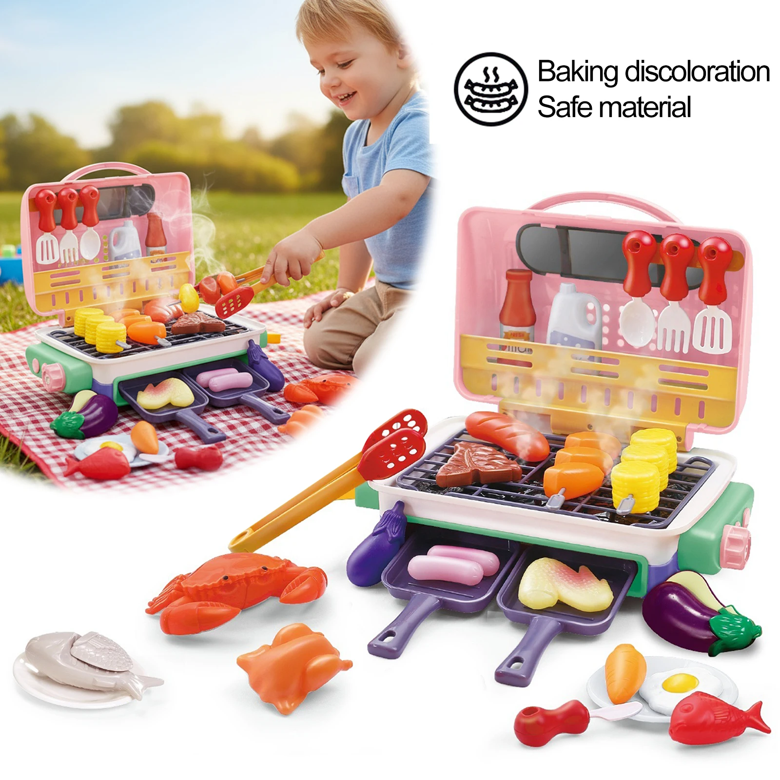 I bambini giocano a giocattoli da cucina con luce di fumo, suono e cibo che cambia colore, barbecue, giocattolo, accessori da cucina per i più piccoli di 3-5 anni