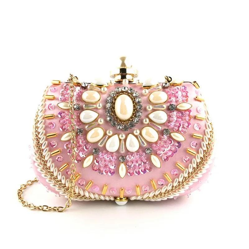 Sweet Pink Evening Purses for Form Parties Women Handmade Embroidered Beading Clutch Bags Fashion Pearl Prom Wedding Handbags