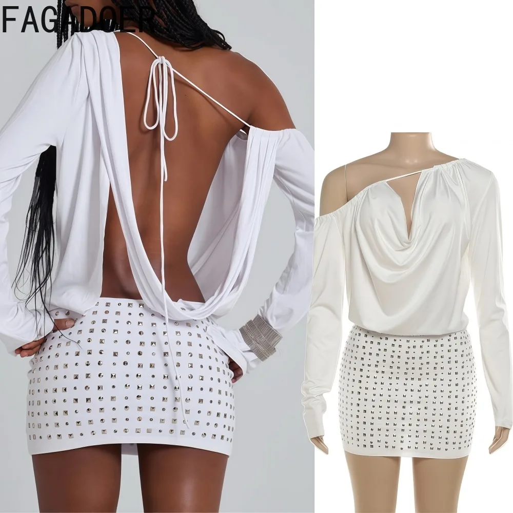 

FAGADOER Sexy Rhinestone Patchwork Bodycon Mini Dresses Women Off Shoulder Long Sleeve Crop Top and Pants Female Streetwear New