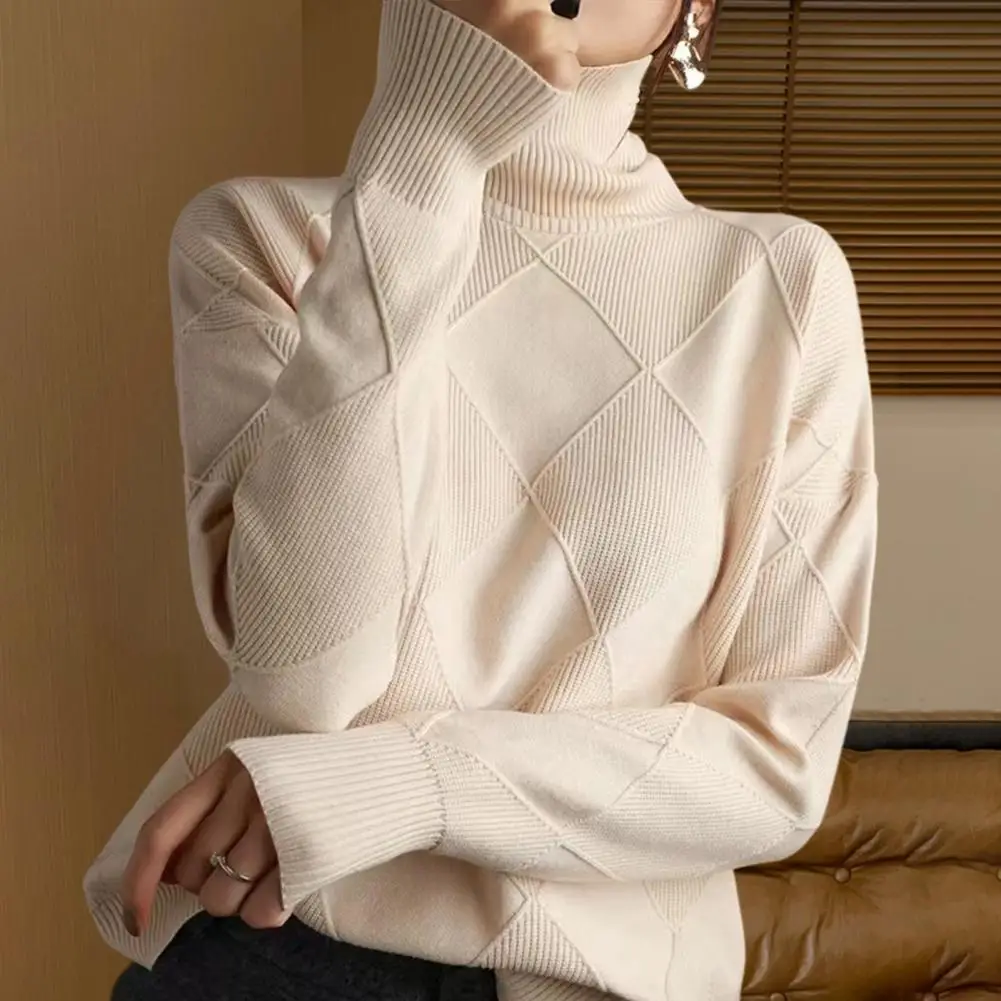 

Knit Sweater Cozy High Collar Crochet Sweater for Women Long Sleeve Solid Color Pullover Loose Fit Thick Knitwear for Winter