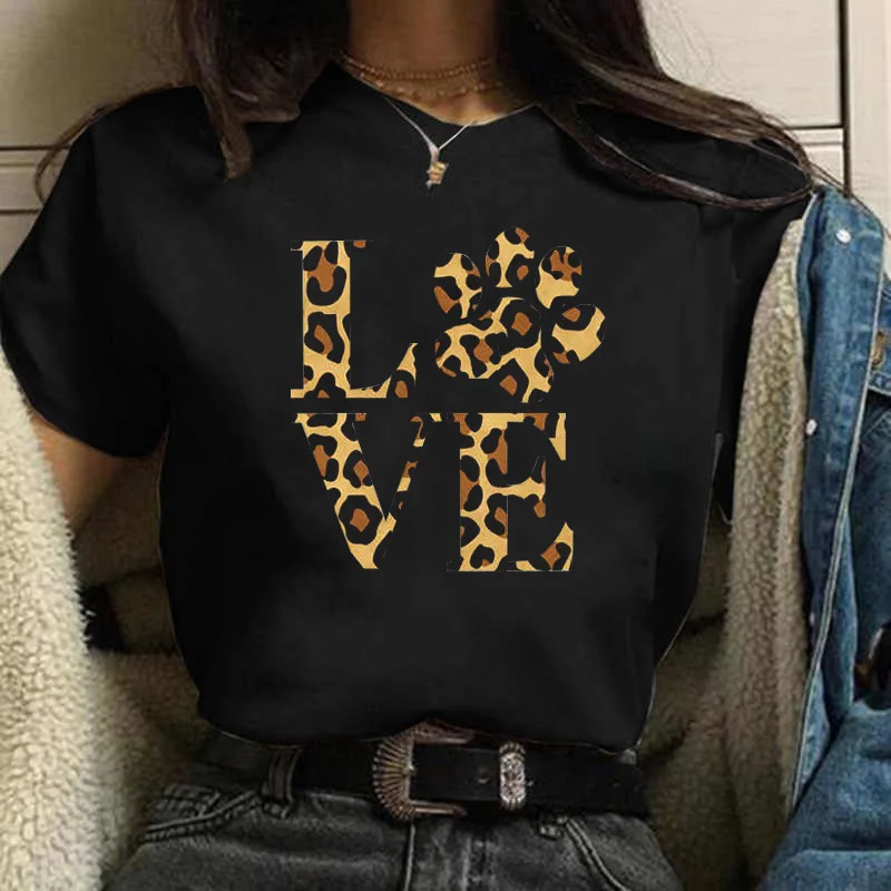 Colorful Heart Paws Printed T-shirt Tops Fashion Heart Dogs Paw Print Casual Tops Summer Cartoon Graphic Printed Tees Black Tops