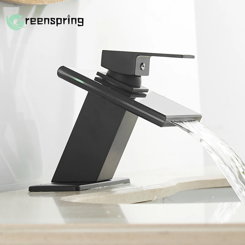 

Bathroom Glass Waterfall Faucet Bathroom Basin Faucet Black Painting Hot And Cold Mixer Tap Sink Water Tap With Pop Up Drain