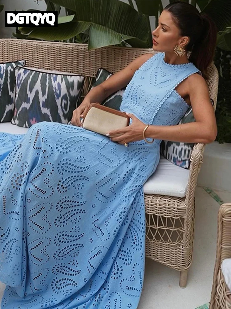 

Hollow Out Sleeveless Top Half Skirt Set Embroidered Pocket Long Skirts Casual Holiday Temperament Waist Cinching Two-Piece Set
